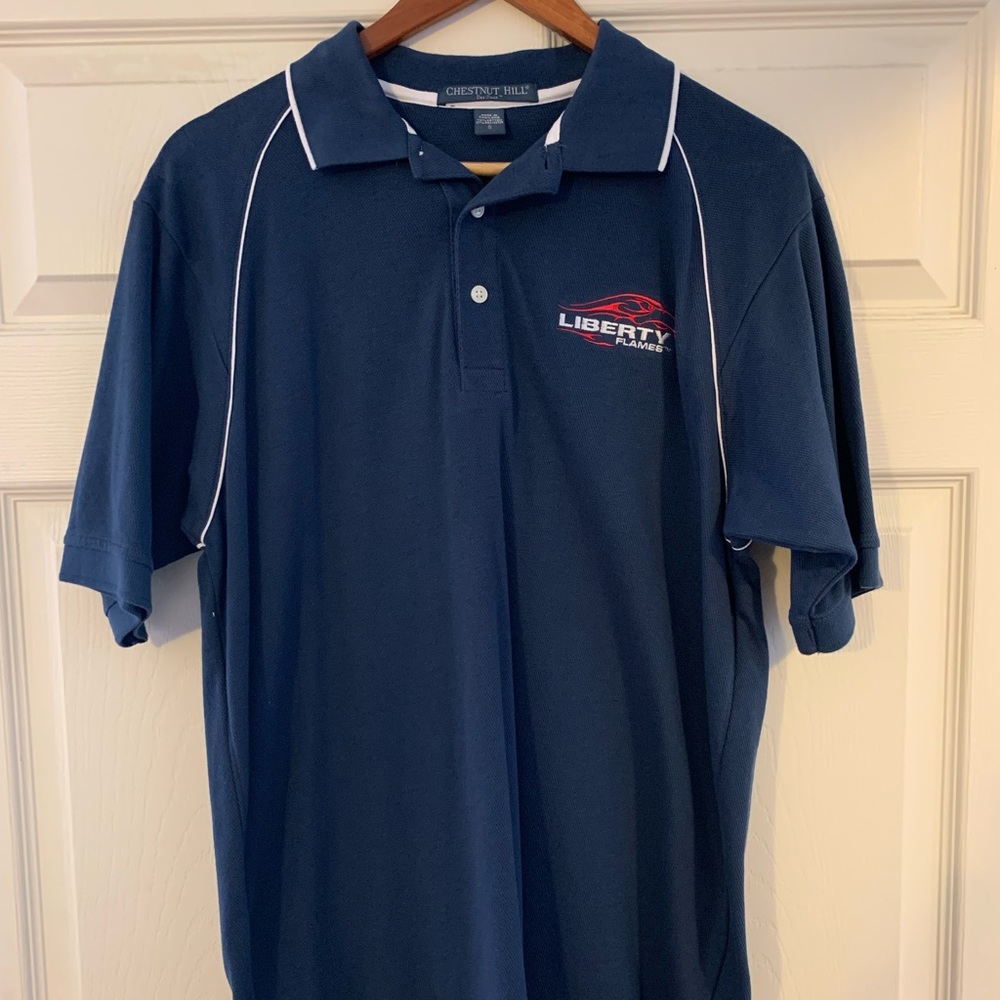 Liberty University logo polo. Blue w/white trim. Small.